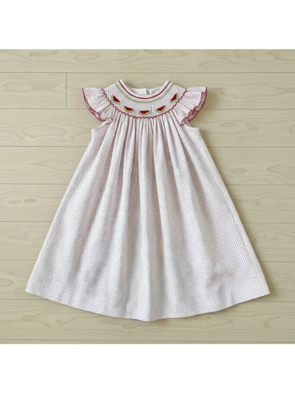 NWT Stitchy Fish Watermelon Smocked Red White Polka Dot Dress Flutter Sleeve 3T